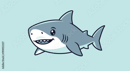 Cute cartoon shark character with a friendly smile on blue background.