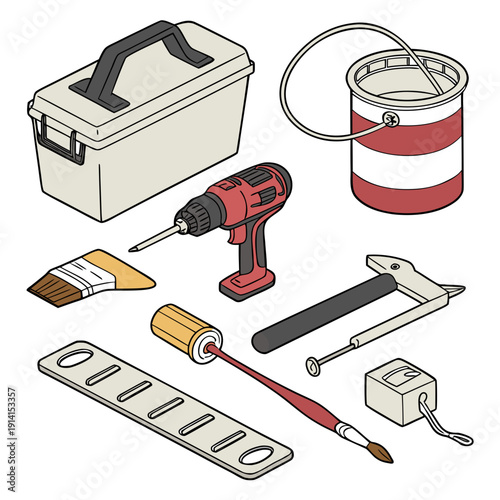 Of home construction tools drill paint can paintbrush
