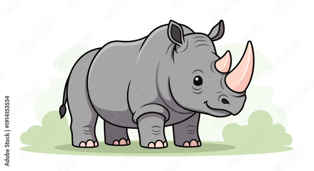 Obraz premium Cute cartoon rhinoceros standing on grass with a friendly expression.