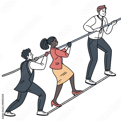 Teamwork balance act with three people on a tightrope