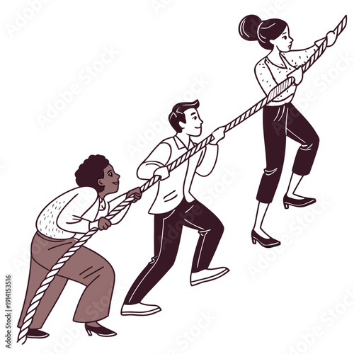 Monochromatic of three people pulling on a rope with one person being lifted