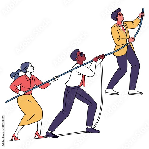 People pulling rope to help man climb teamwork collaboration