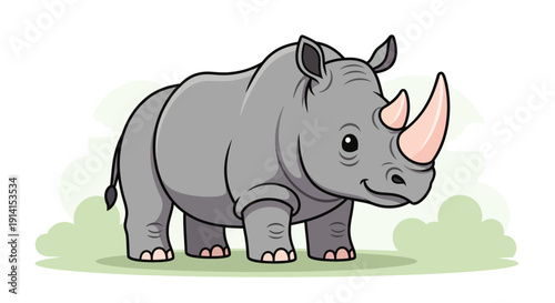 Cute cartoon rhinoceros standing on grass with a friendly expression.