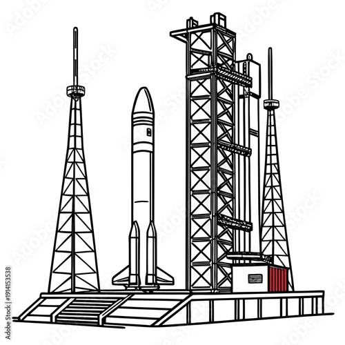 Space launch pad with rocket and towers spaceport launch site