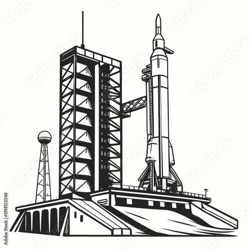 Black and white of a rocket on a launchpad space spacecraft