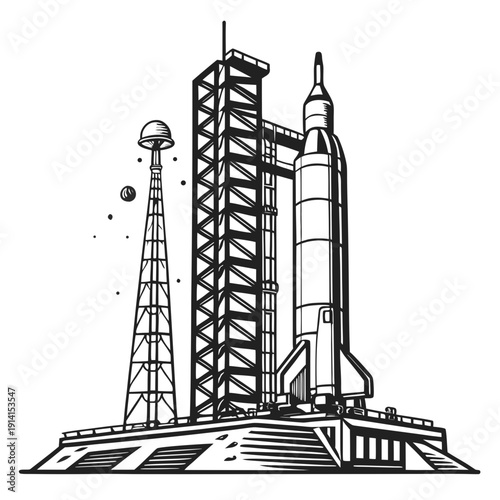 Black and white of a rocket on a launchpad space line space exploration