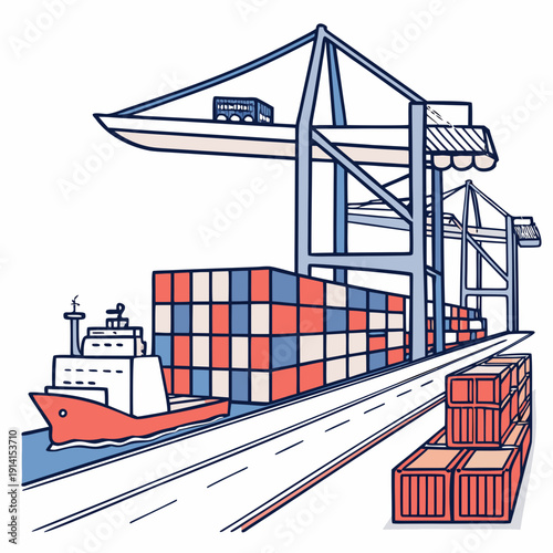 Cargo ship loading containers at port with cranes container ship