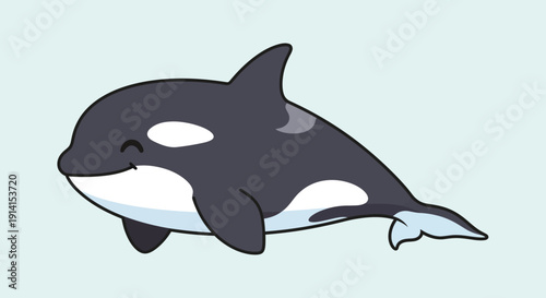 Cute cartoon illustration of a smiling orca whale swimming in the ocean.