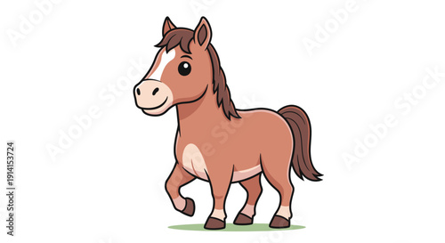 Cute cartoon horse character walking on grass with cheerful expression.