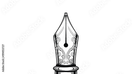 Close-up, detailed engraving illustration of an elegant fountain pen nib, showcasing intricate scrollwork and classic design.