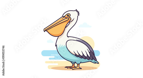 Illustration of a white pelican standing near water with a clear sky background.