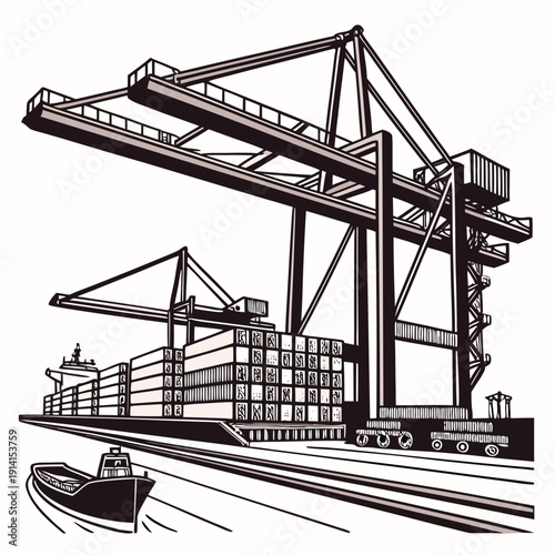 Large scale freight cargo ship container port with cranes and truck