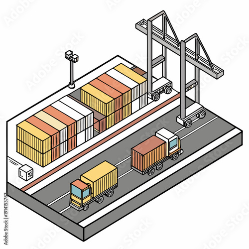 Isometric view of shipping yard with containers and trucks