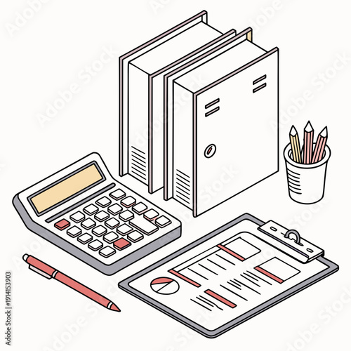 Isometric view of office desk with calculator clipboard binders pencils