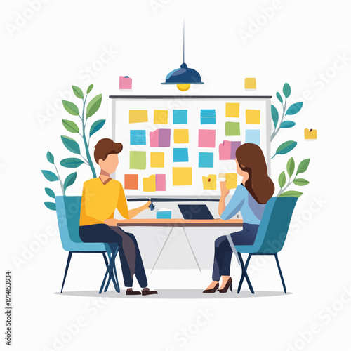 Dynamic team collaboration in a creative office setting, brainstorming innovative ideas with colorful sticky notes on a whiteboard during a productive business meeting, strategy discussion