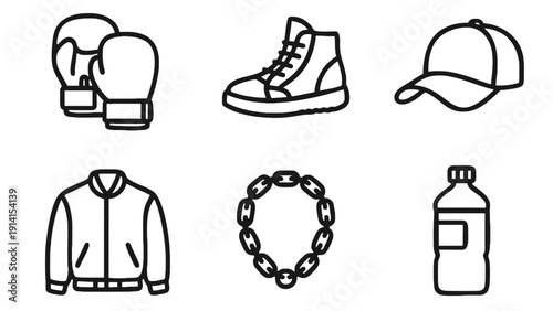 Boxing glove vector icons with sports equipment and clothing items