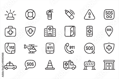 Emergency and SOS line icons with ambulance and hospital