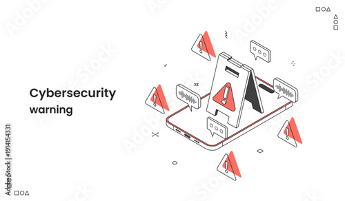 Digital Cybersecurity Warning, Isometric Smartphone Displaying Multiple Threat Alerts and Error Messages