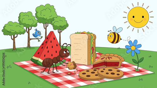 Ant enjoying a picnic with watermelon, sandwich, pie, and cookies.