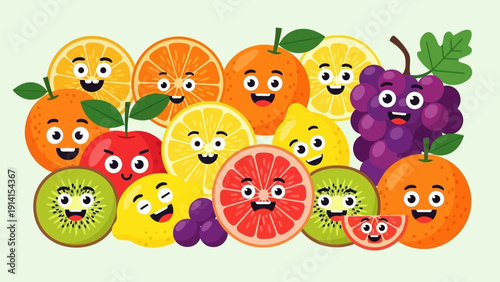 Assortment of cheerful cartoon fruits with happy faces and vibrant colors.
