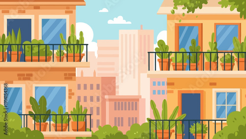 Apartment Building Balconies with Lush Green Plants and Cityscape View.