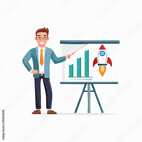 Professional businessman presenting a dynamic bar chart with a launching rocket, symbolizing successful startup growth, business innovation, and rapid market expansion strategy