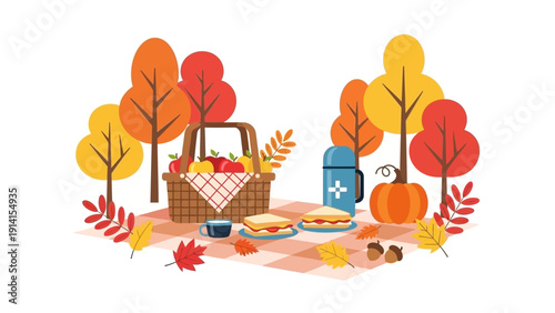 Autumn picnic scene with basket, food, and fall foliage.