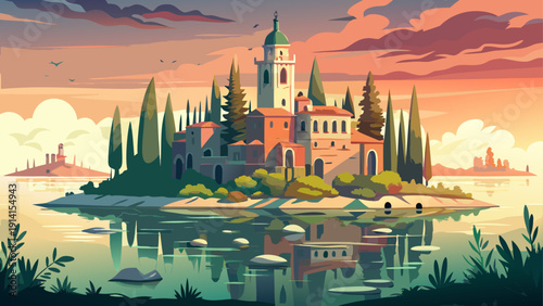 Very beautiful abandoned island of Poveglia in the Venetian Lagoon, with crumbling historic buildings emerging through soft morning fog.