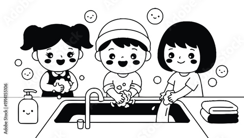 Children washing hands with soap and water in clean bathroom sink