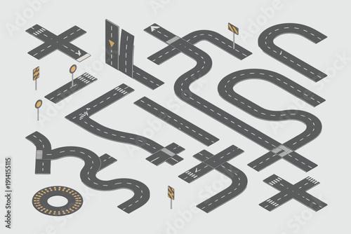 Road Elements for City Map Isometric Vector Illustrations Set, featuring streets, intersections, crossings, highways, roundabouts, sidewalks, urban infrastructure components, navigation symbols