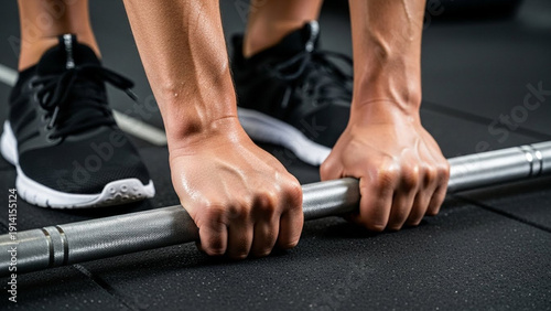 Close-up of a persons hands gripping a barbell for weightlifting exercise in a gym.