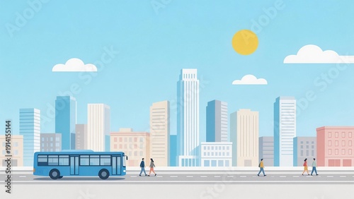 City street with bus and pedestrians