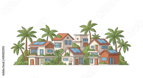 Pixel Art Tropical Village with Eco-Friendly Houses and Palm Trees