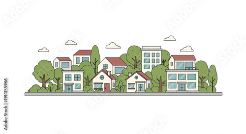Charming flat illustration of a residential neighborhood with diverse houses and lush green trees.