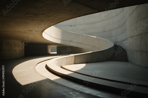 modernist concrete architecture with a spiral ramp and soft light