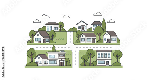 Suburban street with modern houses, trees, and green hills, illustration