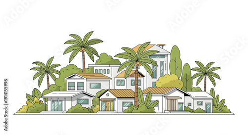 Modern Suburban Houses with Palm Trees and Lush Greenery, Flat Design