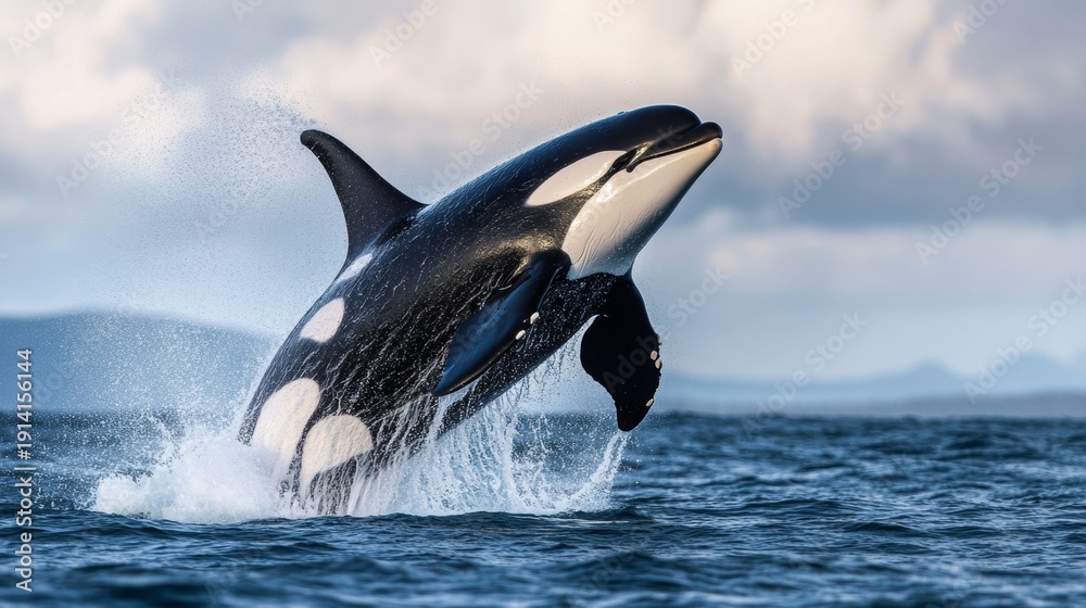 Obraz premium Orca whale breaching the water ocean waters wildlife photography dynamic environment close-up viewpoint marine life spectacle