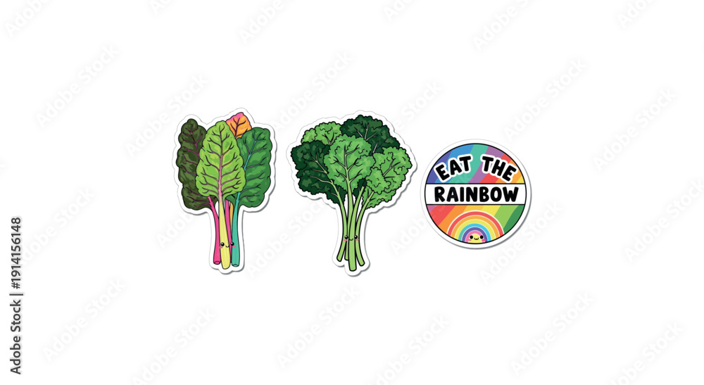 Fototapeta premium A colorful illustration of broccoli florets and stalks alongside a badge with the phrase 'Eat the Rainbow', promoting healthy eating habits and a balanced diet