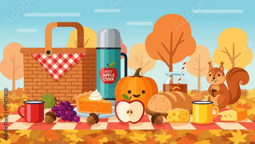 Autumn Picnic Spread with Basket, Thermos, Pumpkin, Apple, Bread, Cheese, Grapes, and Squirrel.