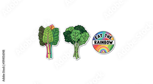 A colorful illustration of broccoli florets and stalks alongside a badge with the phrase 'Eat the Rainbow', promoting healthy eating habits and a balanced diet