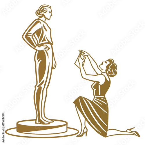 Gold statuette and woman polishing it kneeling