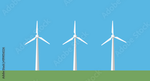 Three white wind turbines standing tall against a bright blue sky, generating clean renewable energy in a sustainable power illustration.