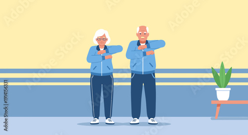Elderly couple exercising together, promoting healthy lifestyle and active aging with joy and vitality.
