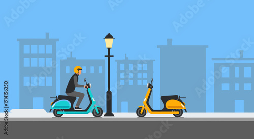 Flat illustration of two scooters on a street with city buildings and a lamppost in the background