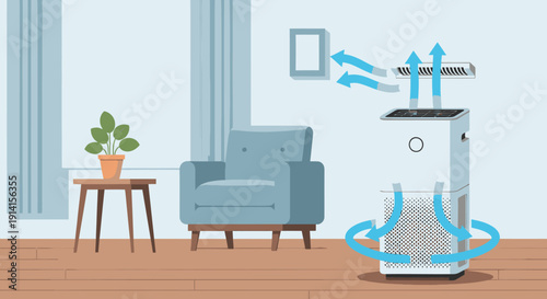 Modern air purifier actively cleaning and circulating fresh air in a comfortable, minimalist home interior, improving indoor air quality and health.