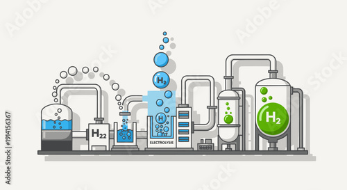 Hydrogen production plant illustration showing the process of green energy generation through electrolysis, creating clean fuel for a sustainable future.