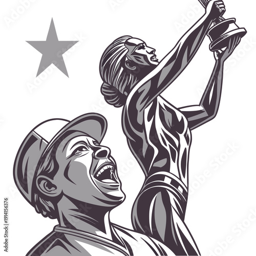 Grayscale of man and woman celebrating with trophy and star