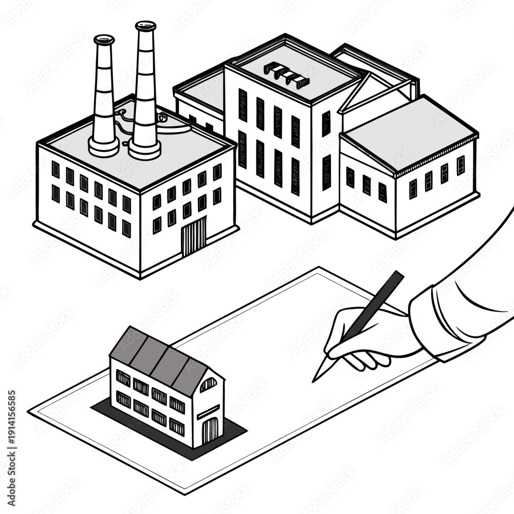 Naklejka premium Isometric factories and hand building industrial buildings