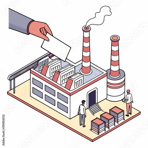 Industrial building with smokestacks and people depositing papers